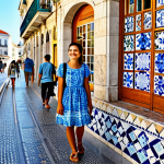 **

"A vibrant street scene in Lisbon, Portugal. A young, fully clothed woman with a warm smile is browsing a stall overflowing with colorful Azulejo tiles. She's wearing a modest summer dress and comfortable sandals. The background features traditional Portuguese architecture with ornate balconies and flowering plants. Sunny day, clear skies. Safe for work, appropriate content, fully clothed, professional photography, perfect anatomy, natural proportions, family-friendly, high quality."

**