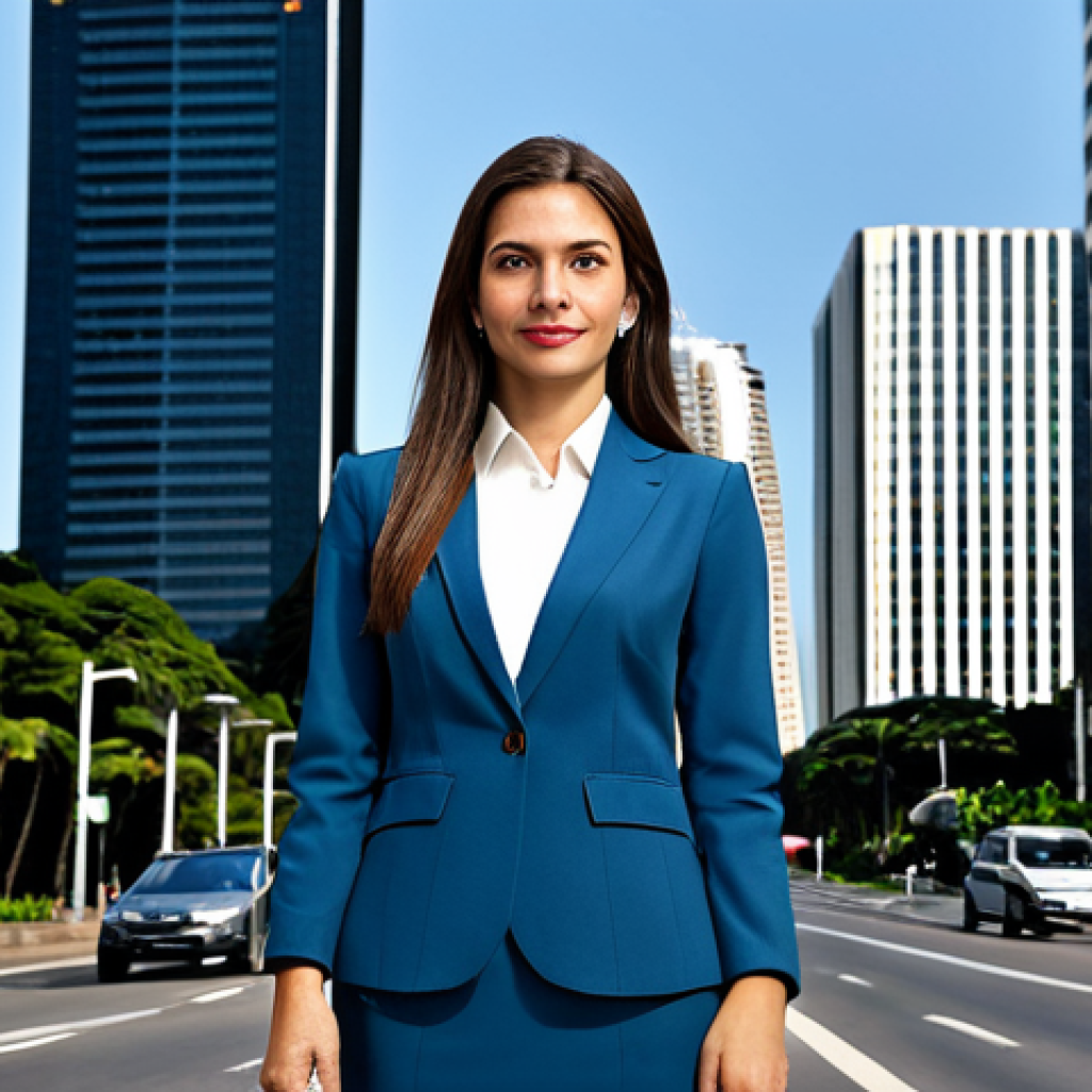 한국어교원 자격증의 장점과 단점 - "A professional businesswoman in a modest business suit, standing in front of the Berrini Avenue sky...