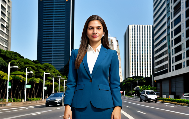 한국어교원 자격증의 장점과 단점 - "A professional businesswoman in a modest business suit, standing in front of the Berrini Avenue sky...