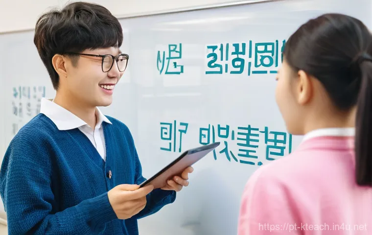 한국어교원과 문화 이해의 중요성 - **A warm and encouraging Korean language classroom.**
A diverse group of young adult students, c...