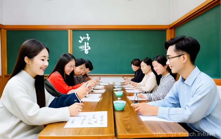 한국어교원 취업 시장 분석 - **Prompt 2: "A warm and approachable female teacher, wearing smart casual attire, is seated at a wel...