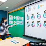 Home 18 한국어교원 초급 이론 핵심 요약 - **"Hangeul Discovery Journey":** A brightly lit, modern classroom filled with a diverse group of you...