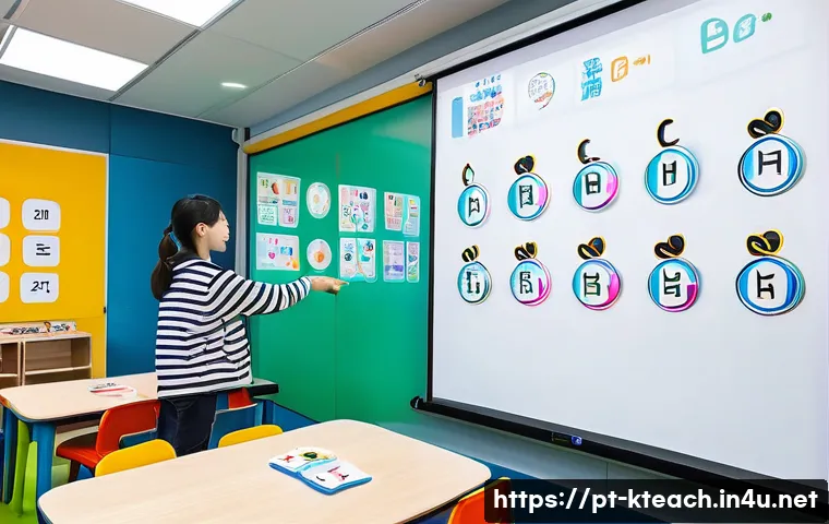 한국어교원 초급 이론 핵심 요약 - **"Hangeul Discovery Journey":** A brightly lit, modern classroom filled with a diverse group of you...