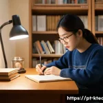 Home 15 한국어교원 강의 준비 방법 - **Prompt:** A young adult student, focused and determined, is studying Korean late at night in a coz...