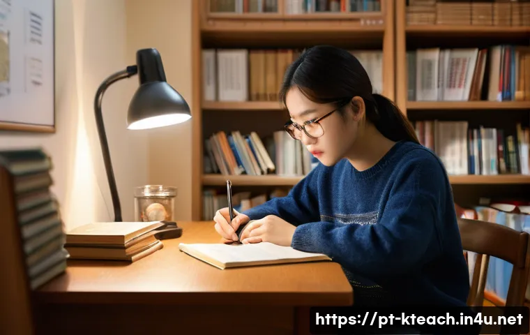 한국어교원 강의 준비 방법 - **Prompt:** A young adult student, focused and determined, is studying Korean late at night in a coz...