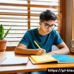 Home 19 한국어교원 실기시험 준비법 - A focused young Brazilian student sitting at a tidy wooden desk in a cozy home study room, organizin...