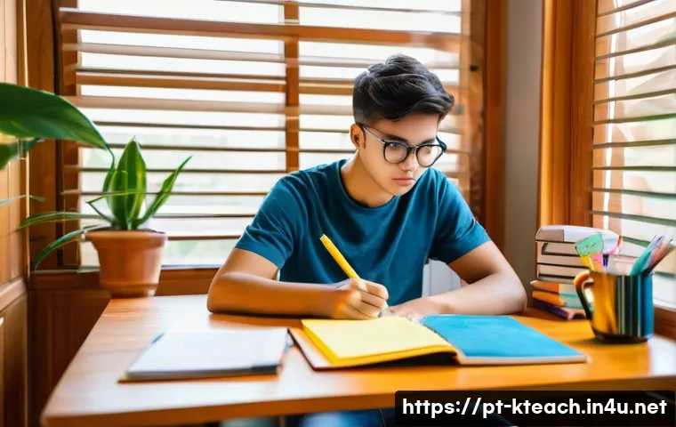 한국어교원 실기시험 준비법 - A focused young Brazilian student sitting at a tidy wooden desk in a cozy home study room, organizin...